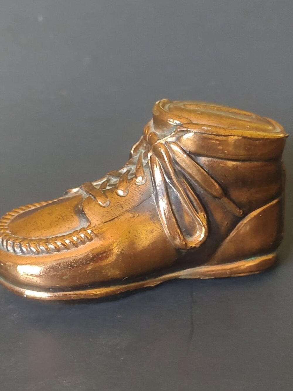 Vintage Bronze Baby Shoe Coin Piggy Bank Copper Color Plated Cast Metal